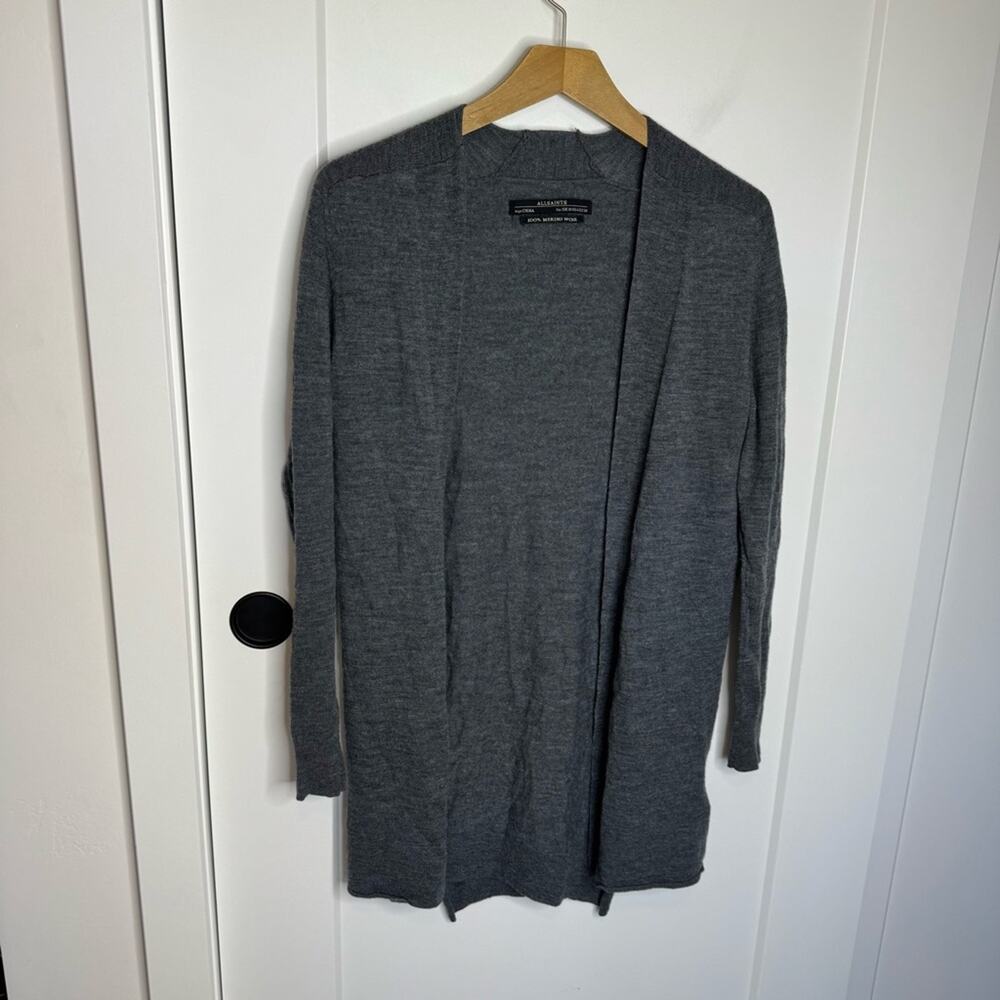 All Saints Wasson Charcoal Gray 100% Merino Wool Crossover Back Cardigan Sweater
